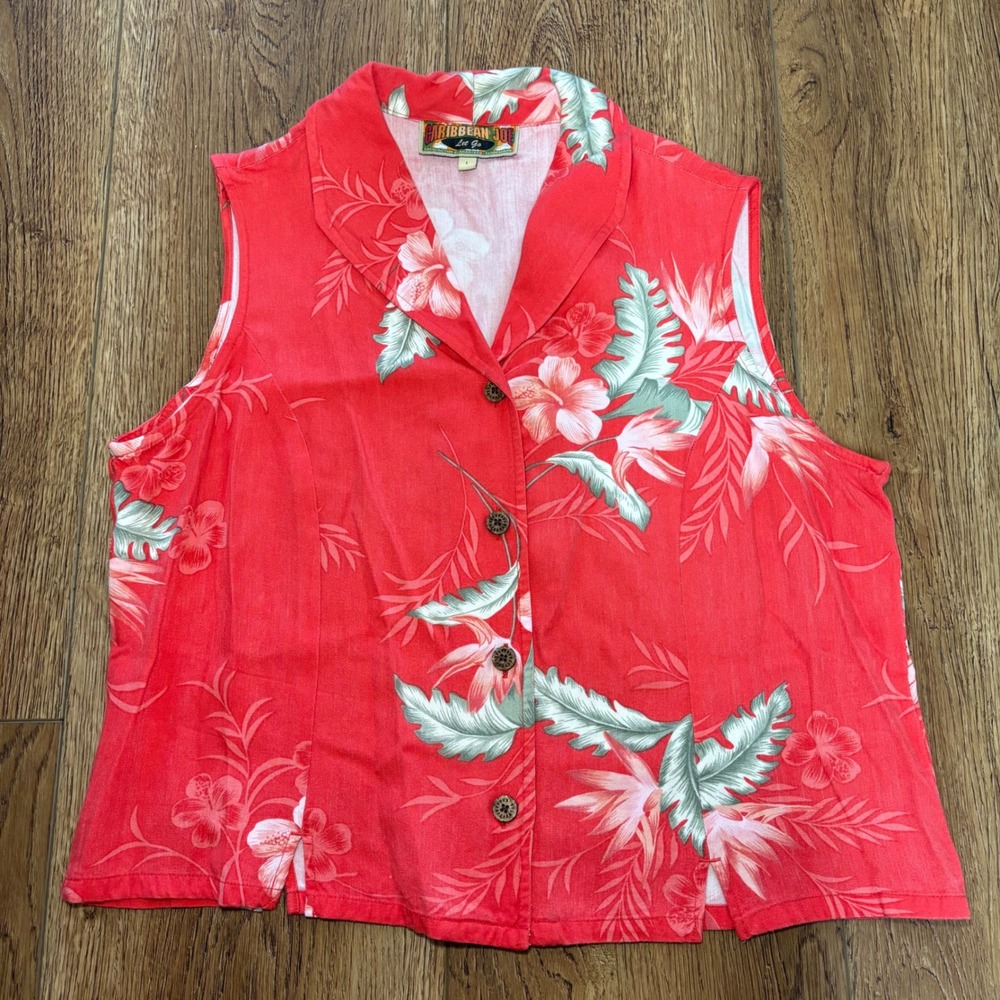 VTG‎ Caribbean Joe Red Tropical Floral Sleeveless Button Up Top Resort Womens L